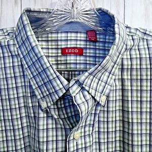 Sold! IZOD Mens Saltwater Shirt Plaid Long Sleeve Button Front Blue Green White
